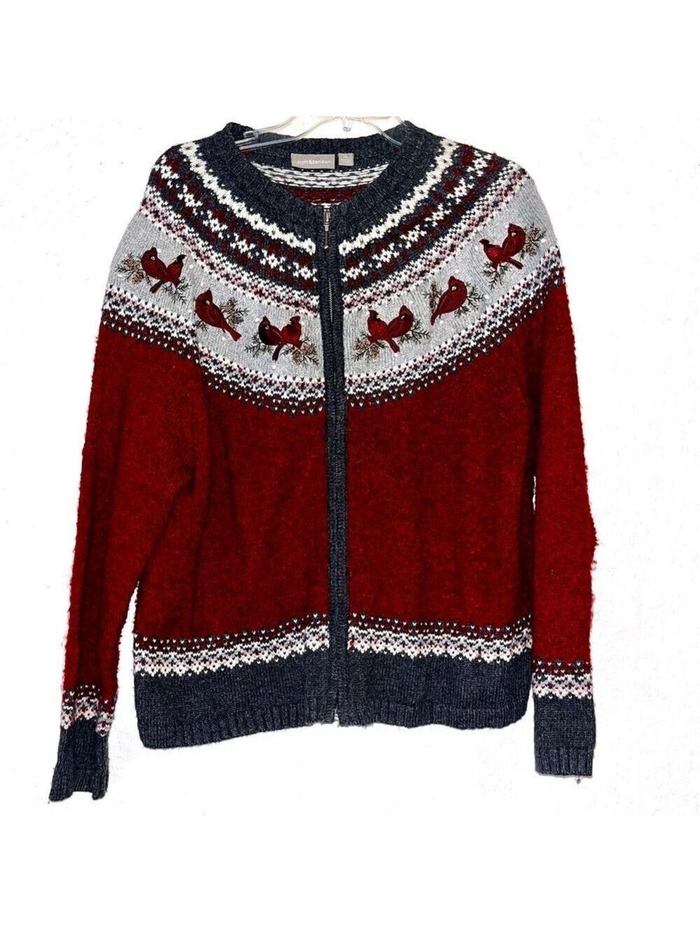 Vintage 90s cardinal Christmas embroidered sweater cardigan grandma cottagecore